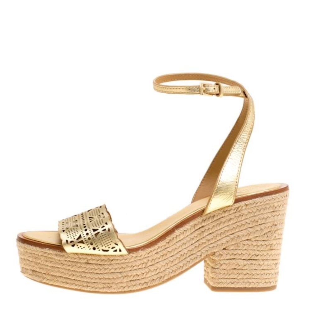 Tory Burch Gold Laser Cut Leather Roselle Espadrille Platform Sandals